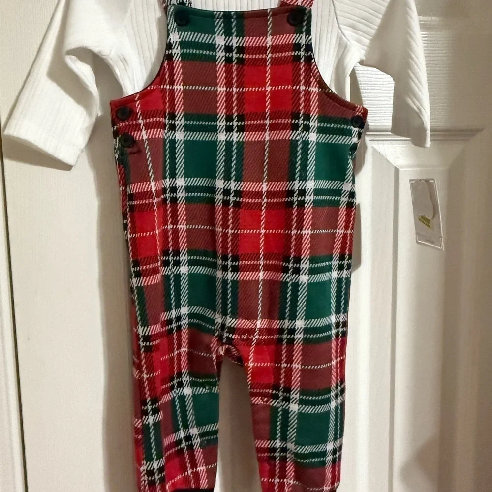 NWT Little Me Plaid Overalls Outfit